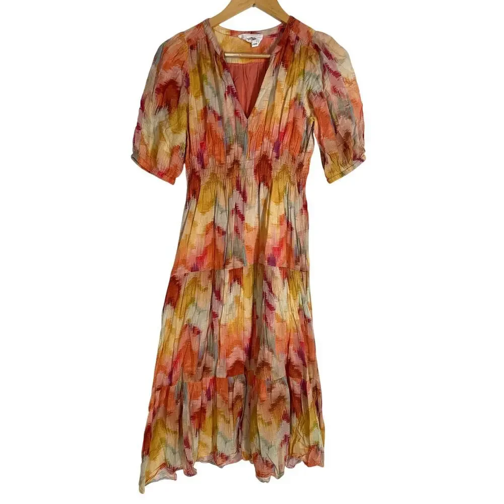 ba&sh Anissa Dress Short Sleeve Tiered Midi A-Line Orange Chevron Tie Dye XS